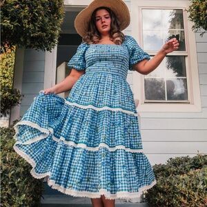 JessaKae Blue Checkered Midi Dress with Puff Sleeves